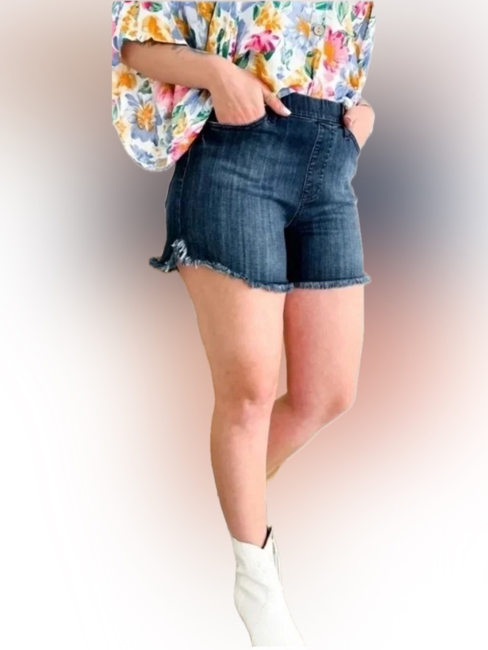 Judy Blue Dark Wash Blue Frayed Hem Pull On Mid To High Waist Denim Shorts XL - Picture 1 of 14